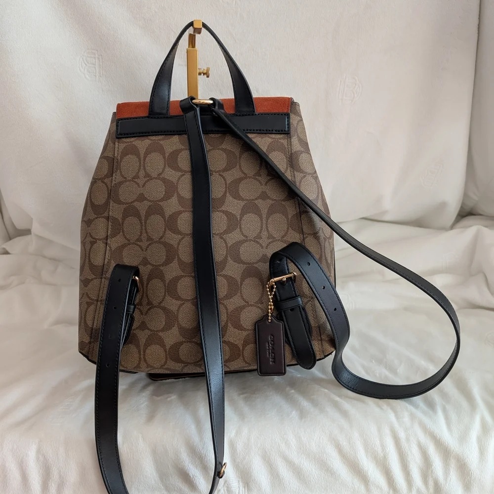 Coach Kleo Backpack Suede & Leather Monogram Signature C Orange Brown Gold Black - Picture 4 of 9